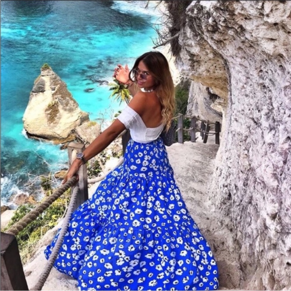 Zara Blue Cotton Floral Print Maxi Dress size S-M